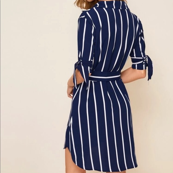 Boho striped navy blue belted button up dress - Picture 2 of 3